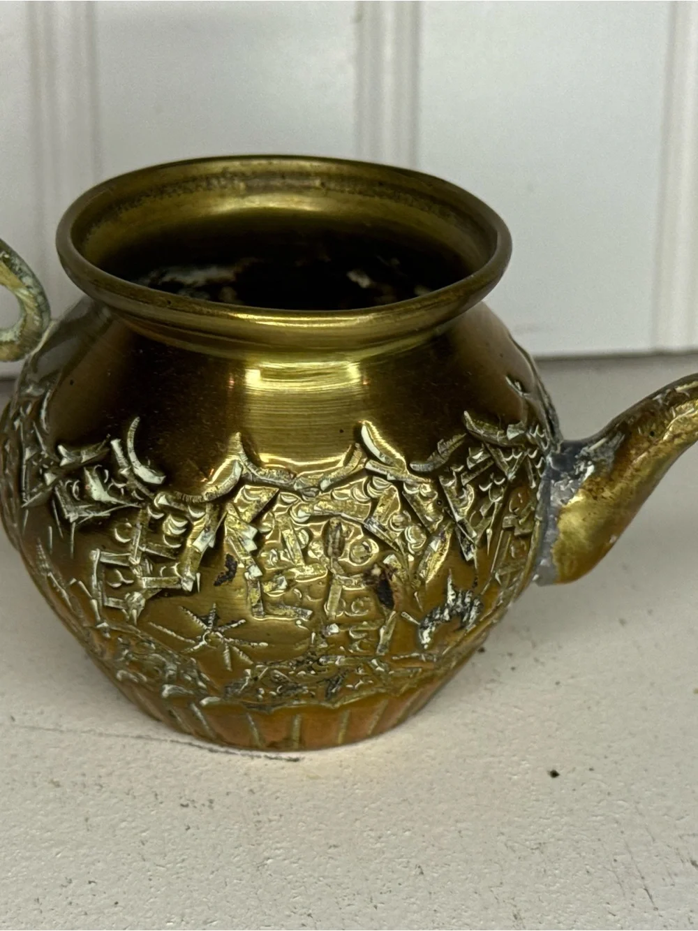 Vintage Mini Brass Metal Tea Pot Kettle w/ D Handle | MCM | Engraved